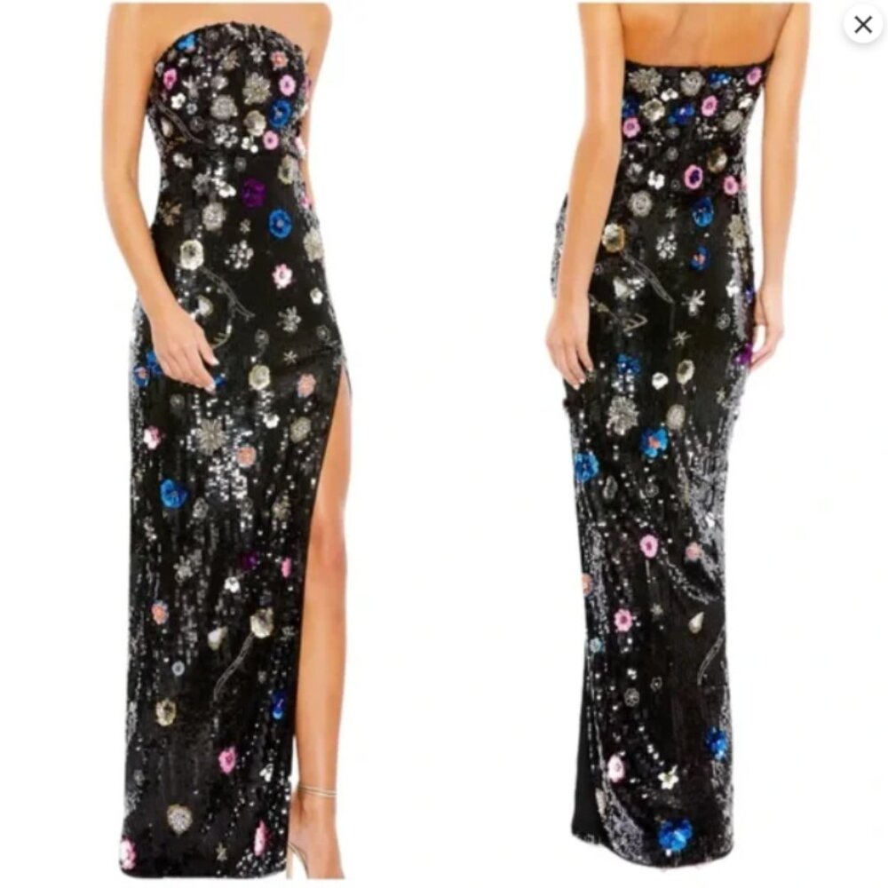 MAC DUGGAL 93695 FLORAL SEQUINED STRAPLESS COUMN BLACK MULTI GOWN sz 4